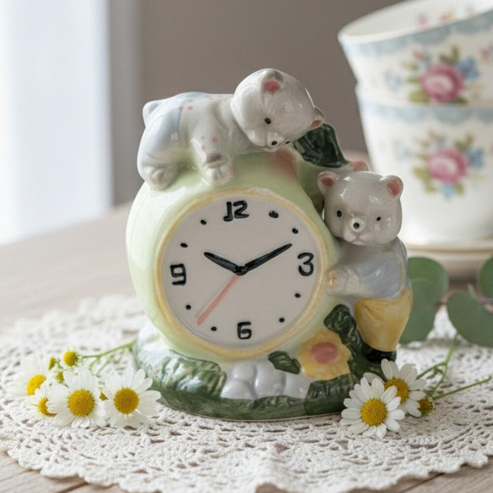 Vintage 1970s Ceramic Bear Clock Piggy Bank | Hand-Painted Pastel Nursery Decor
